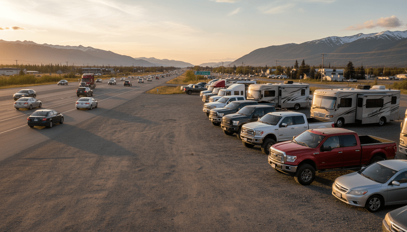 Vehicles parked in high-visibility locations along the Kenai Spur Highway