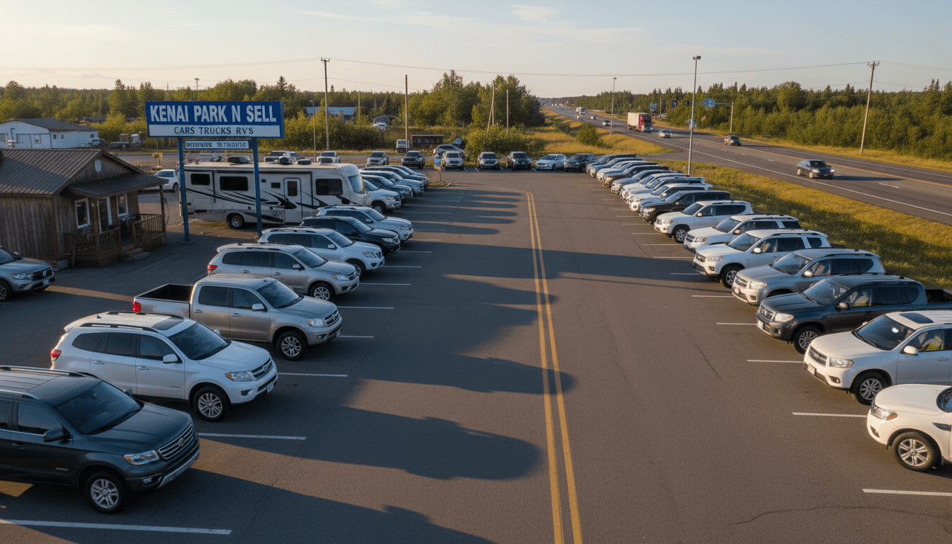 Kenai Park N Sell vehicle sales lot on Kenai Spur Highway with cars, trucks, and RV parked for sale