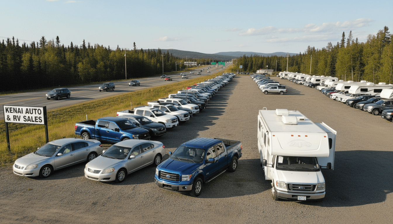 Vehicles parked along the Kenai Spur Highway at Kenai Park N Sell sales lot