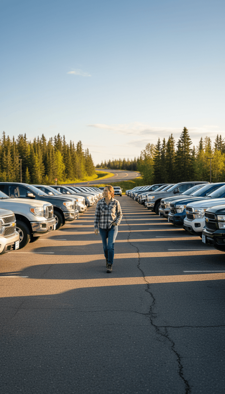 Customer browsing vehicles at Kenai Park N Sell lot on highway